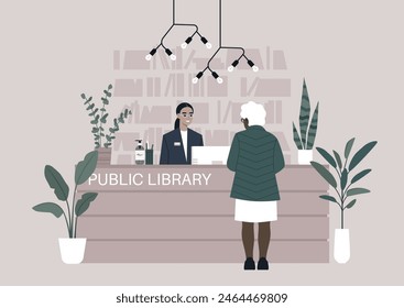 Serene Encounter at the Public Library Reception, A patron interacts with a smiling librarian behind the reception desk