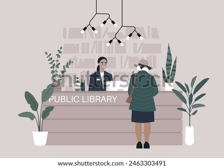 Serene Encounter at the Public Library Reception, A patron interacts with a smiling librarian behind the reception desk