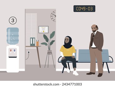 A Serene Encounter at the Waiting Area, Two individuals await their turn in the tranquil setting of a local town hall
