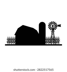 A serene farm landscape featuring a barn windmill and silage in a rural setting