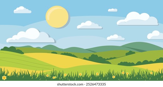 Serene Fields Ilustración vectorial vibrante de un exuberante prado de dibujos animados con cielos azules y colinas ondulantes