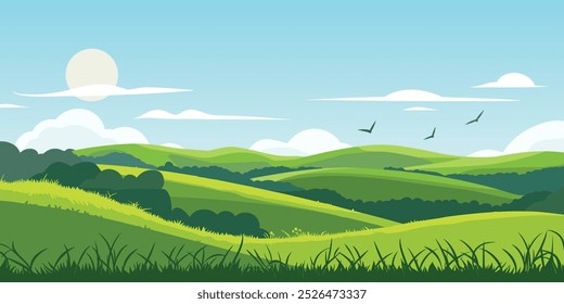 Serene Fields Ilustración vectorial vibrante de un exuberante prado de dibujos animados con cielos azules y colinas ondulantes