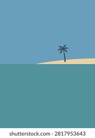 A serene, flat design illustration depicting a lone palm tree on a tiny desert island in the middle of a vast, calm ocean under a bright, cloudless sky.