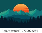A serene flat design landscape featuring a large orange sun setting behind layered teal mountains and a dark silhouette of pine trees.