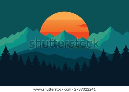 A serene flat design landscape featuring a large orange sun setting behind layered teal mountains and a dark silhouette of pine trees.