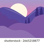 Serene flat design landscape illustration featuring abstract purple mountains and silhouetted pine trees under a mystical full moon and gradient starry sky at twilight