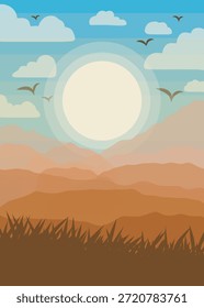 Paisaje sereno de montaña de diseño plano al amanecer