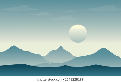 A serene, flat landscape illustration showcasing layered mountains under a muted sky with a prominent sun and subtle clouds, rendered in cool blue and gray tones