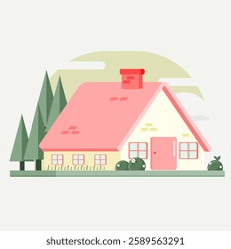 A serene flat vector illustration depicts a house in a warm and shady spring setting, surrounded by beautiful trees with a bright sky backdrop