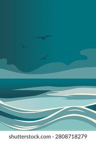 A serene flat vector sea background showing stylized layers of turquoise water and rolling waves under a dramatic cloudy evening sky with three wild birds flying together in harmony. Vector illustration