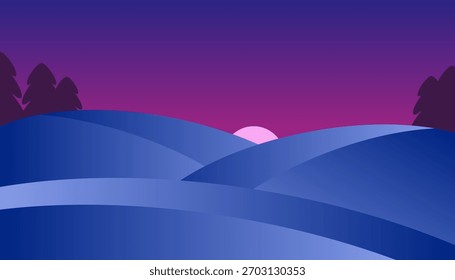 Un sereno paisaje invernal de estilo plano con suaves colinas nevadas bajo un suave cielo degradado que cambia de púrpura profundo a azul. Esta Ilustración vectorial es perfecta para diseños de temporada, fondos