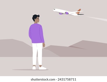Serene Flight Observation at Dusk, A lone figure stands watching a plane ascend against a dusky sky