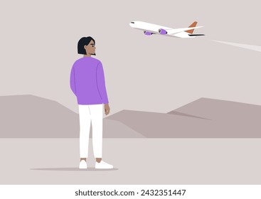 Serene Flight Observation at Dusk, A lone figure stands watching a plane ascend against a dusky sky