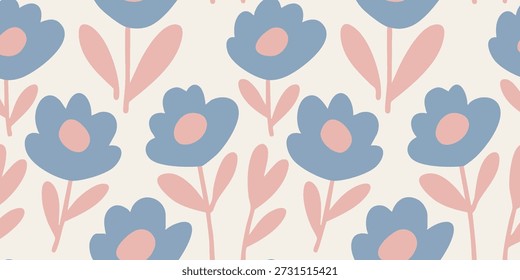 Um padrão floral sereno com flores azuis e folhas cor de rosa de um ponto de vista de cima para baixo