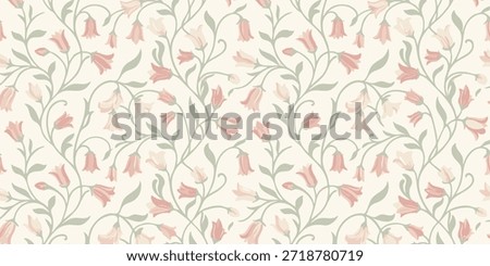 A serene floral pattern featuring delicate pink flowers and green leaves on a soft beige background