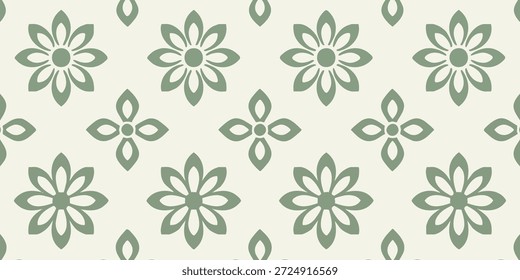 Um padrão floral sereno com flores verdes sobre um fundo claro, visto diretamente acima, exibindo um design repetitivo de flores e folhas estilizadas.