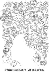 Padrões florais serenos e desenhos orgânicos emergem de uma silhueta de cabeça humana, perfeita para livros de colorir adultos, atenção plena, meditação e atividades de alívio do estresse.
