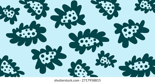 A serene flower pattern of dark green flowers on a light blue background editable