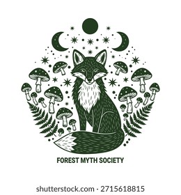 Ein ruhiger Waldfuchs sitzt elegant inmitten eines Haufens magischer Pilze und üppiger Farne mit einem Sternenhimmel über dem Himmel, perfekt für mystische oder naturnahe Markenbildung und Bildung