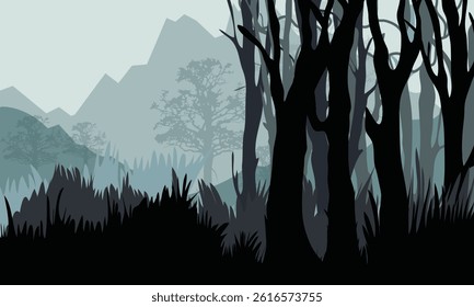 Serene forest illustration with fog, layered trees, and mountain silhouettes in soft cool tones. Ideal for backgrounds, storybooks, or themed designs.
