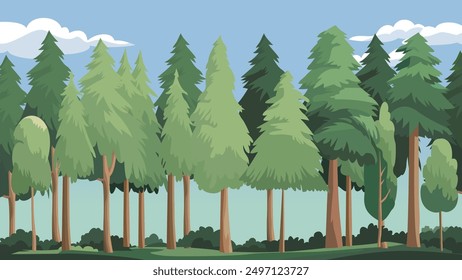 A serene forest landscape. Tall pine trees dominate the scene, varying in height and shape. The sky above is clear with a few fluffy white clouds.