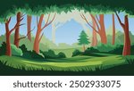 A serene forest landscape. Tall trees with reddish-brown trunks and green foliage dominate the scene. The ground is covered in lush green grass