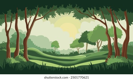 A serene forest landscape. Tall trees with slender trunks and lush green canopies dominate the scene. The ground is covered in vibrant green grass, and there are smaller trees scattered throughout.