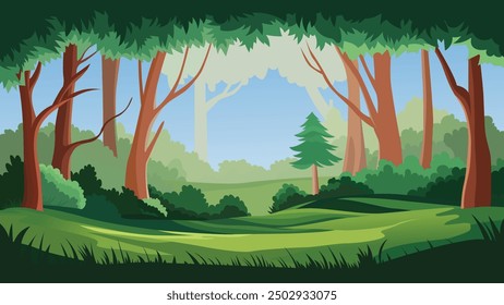 A serene forest landscape. Tall trees with reddish-brown trunks and green foliage dominate the scene. The ground is covered in lush green grass