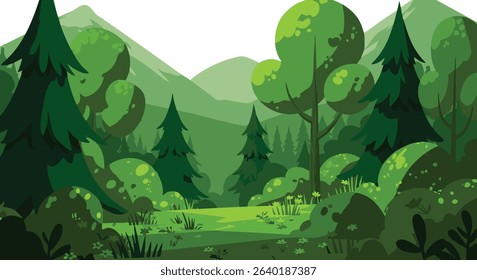 Serene Forest Landscape A Vibrant Flat Illustration of Lush Greenery, Majestic Mountains, and Tranquil Nature Scene