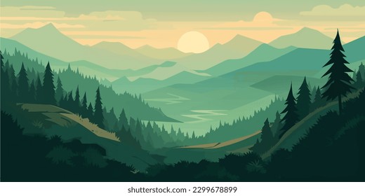Serene Forest Mountainscape   Vector Illustration of Nature s Majestic Greens