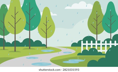 Serene forest park landscape with a paved winding path, green grass, trees, and puddles during a soft spring rain.