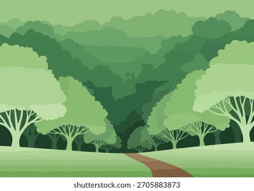 Caminho da floresta serena que conduz por árvores verdes exuberantes e folhagem