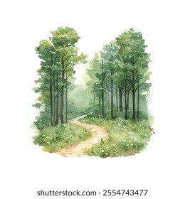 serene forest path vector illustration in watercolor style