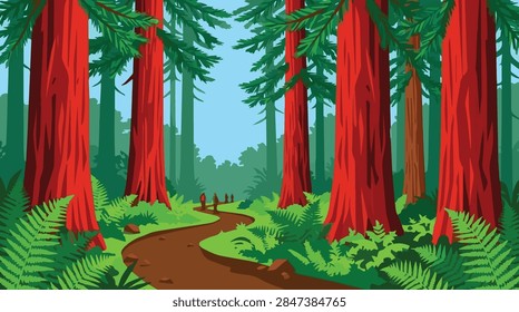 a serene forest path winds through tall red trees with lush green ferns and foliage under a clear sky in this peaceful nature illustration