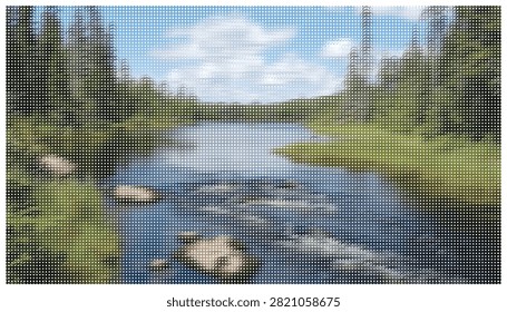 Serene forest river flows gently past mossy stones and vibrant green grass. Natural woodland landscape featuring peaceful water stream and tall trees.
