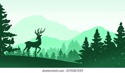 A serene forest scene featuring a silhouette of a majestic deer standing amidst pine trees, with rolling green mountains in the background. The gradient shades of green convey a tranquil and natural