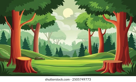 A serene forest scene. Tall, slender trees with vibrant orange trunks stand majestically, their canopies forming a canopy overhead.