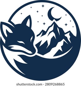 A serene fox nestled against a backdrop of majestic mountains under a starry night sky