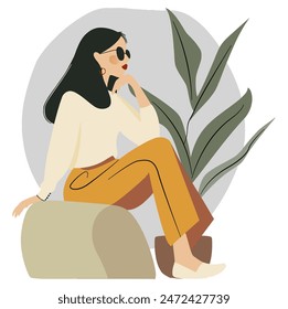 Serene Girl Sitting on Rock with Botanical Background, Perfect for Nature and Wellness Themes - Flat Vector Illustration