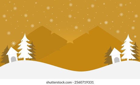 A serene gold background winter landscape with snow-covered hills, pine trees, and cozy houses under a starry sky