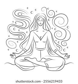 A serene and graceful line art depiction of a woman in a lotus pose, embodying peace and mindfulness in minimalist style.