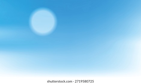 Um gradiente sereno de céu azul faz a transição de um céu pálido para um horizonte branco mais brilhante, com uma forma circular suave e luminosa sugerindo um sol ou lua distantes.