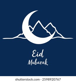 A serene graphic celebrating Eid featuring a crescent moon and mountain silhouette on a deep blue background
