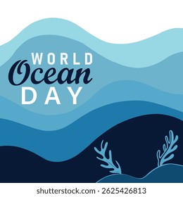 A serene graphic of World Ocean Day with stylized waves in varying shades of blue