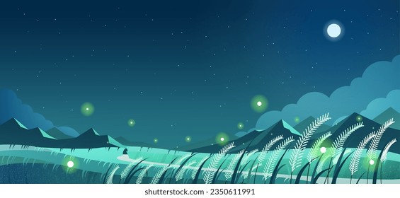 Serene grassland with glowing fireflies and full moon on starry night. Beautiful natural environment in the night background and wallpaper design