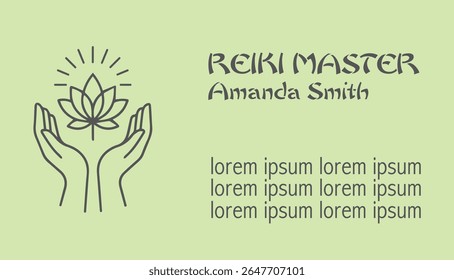 Design de cartão de visita verde Serene para um mestre Reiki com uma ilustração minimalista de lótus e mãos, nome do profissional e informações de contato de espaço reservado.