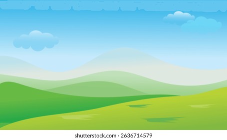 Serene Green Hills, Blue Sky, Fluffy Clouds, Peaceful Landscape