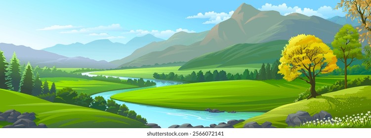 Serene Green Hills, Flowing River, Majestic Mountains, and Wildflowers Under a Cloudy Sky