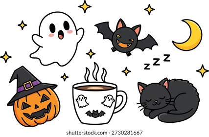 Una serena escena de halloween con un fantasma, un murciélago, un gato durmiente, una linterna y una taza de café adornada con fantasmas y murciélagos, con un telón de fondo de estrellas y una luna creciente.