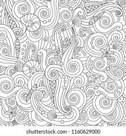 Serene hand drawn outline seamless pattern with sea waves, seashells isolated on white background. oloring book for adult and older children. Art vector illustration.